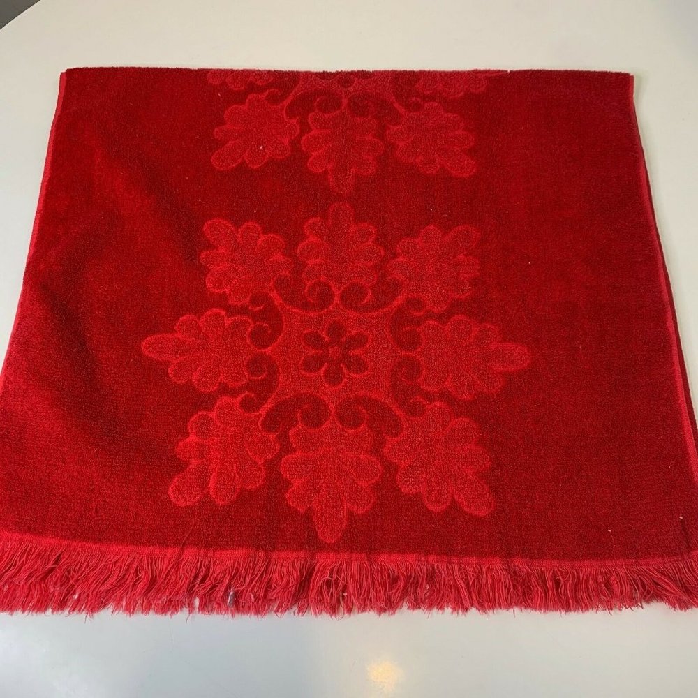 vintage towel Terry cloth chenille red fringe bath